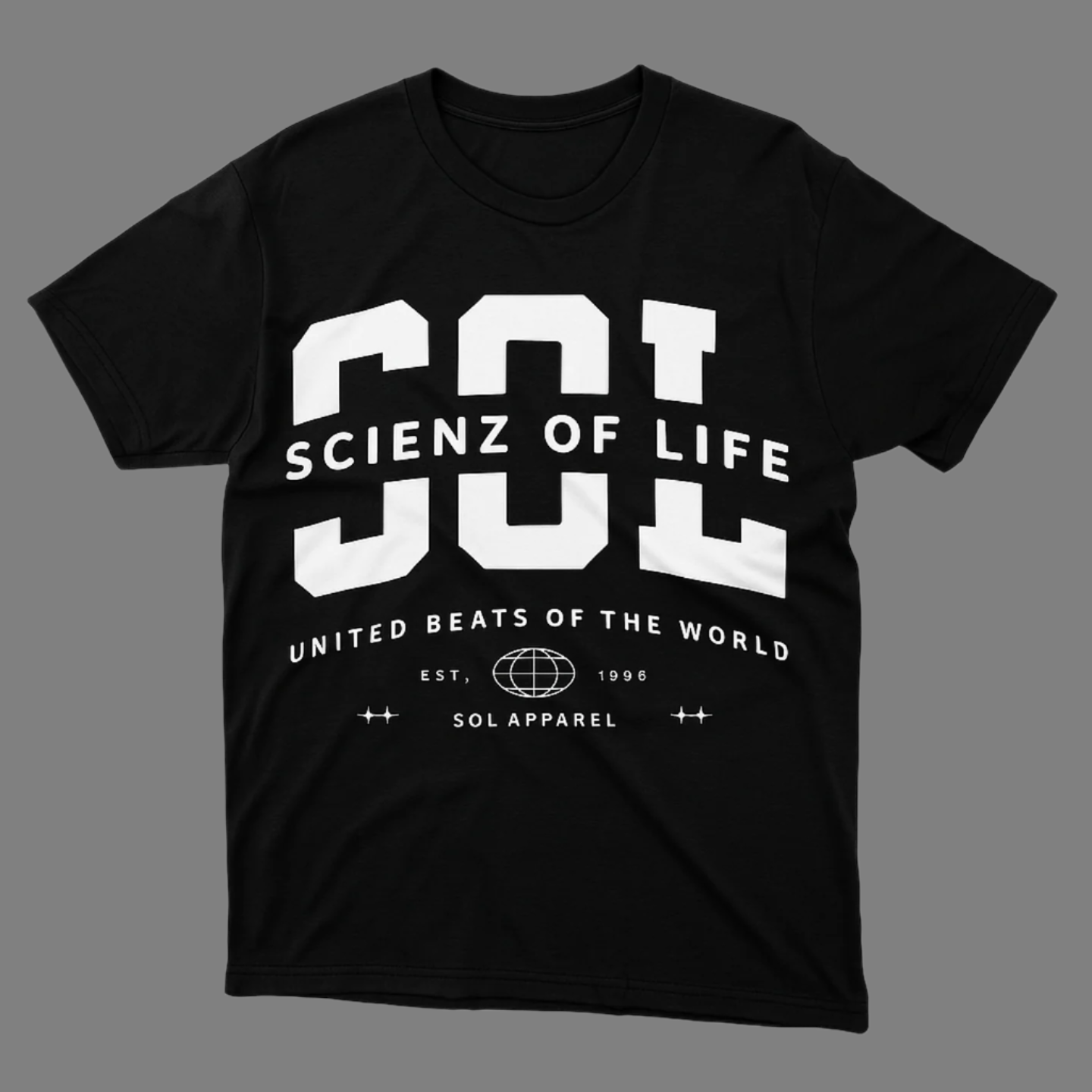 Black t-shirt with white text 'SCIENZ OF LIFE' on a light gray background