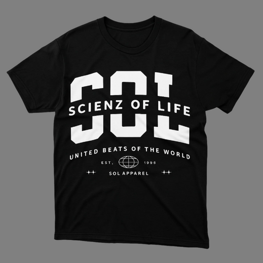 Black t-shirt with white text 'SCIENZ OF LIFE' on a light gray background