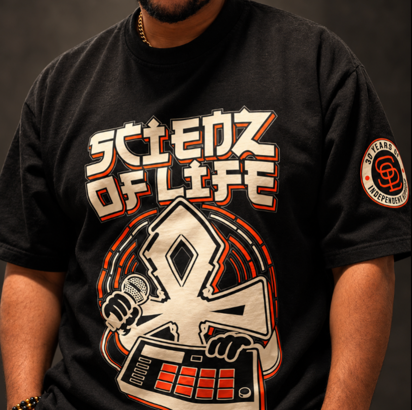 A close-up of J.R. wearing the Ankh, Beats and Rhymes Tee. 